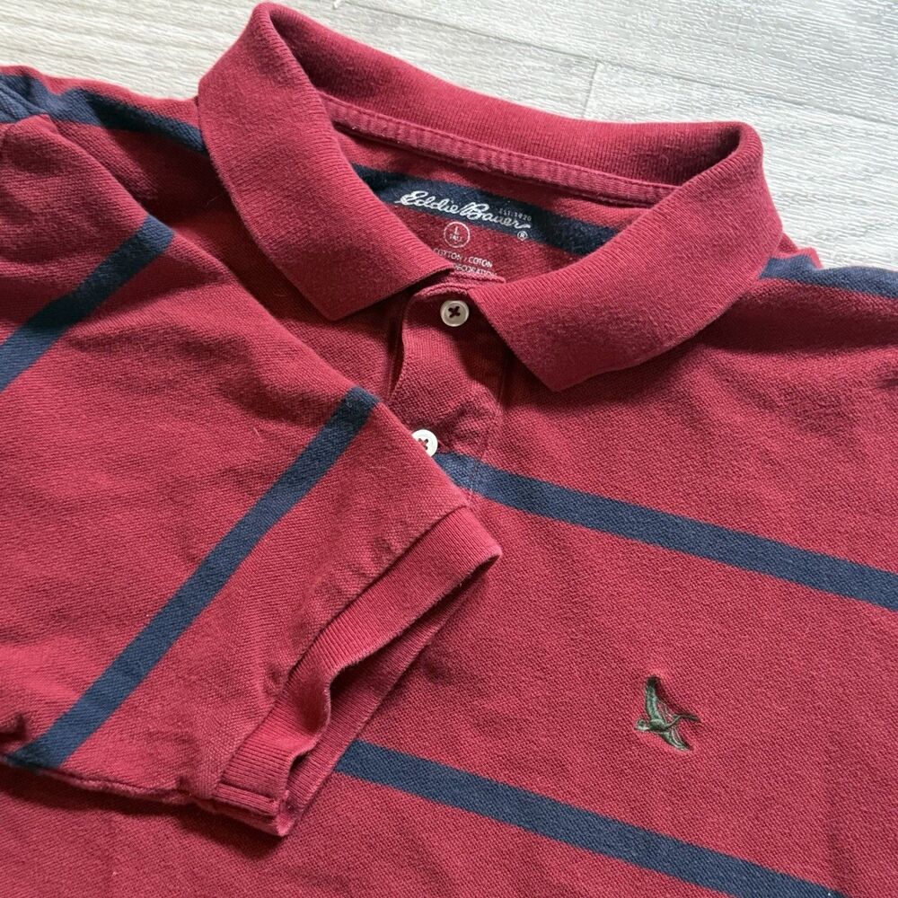 Eddie Bauer Academia Cotton Polo Mens Large L Red Striped With Embroided Goose